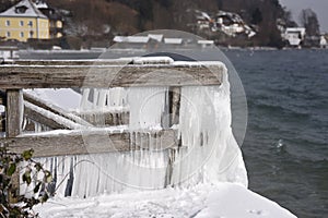 Iced objects on the shores of Lake Attersee Voecklabruck district, Upper Austria, Austria