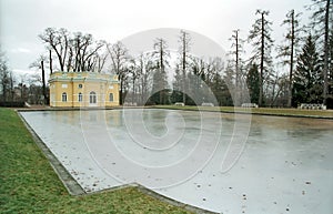 Iced pond and classical buiding