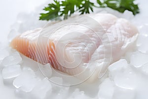Raw cod fish fillet with ice cubes