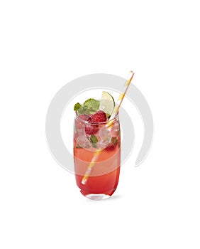 Iced red raspberry punch cocktail with lime in glass on color background. summer drink