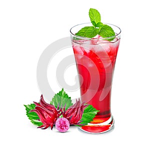 Iced roselle tea glass with fresh roselle fruit on white background