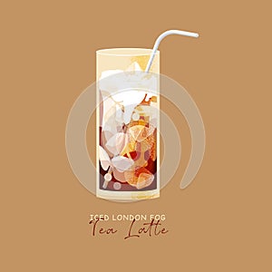 Iced tea latte cold drink isolated on brown background. Iced london fog summer cocktail illustration