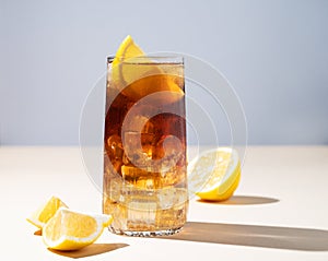 Iced tea with lemon and ice in a tall glass on a yellow background. The concept of a refreshing drink or lemonade on a hot summer