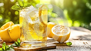 Iced tea, lemon, mint, garden, sunlight, refreshment, summer, drink