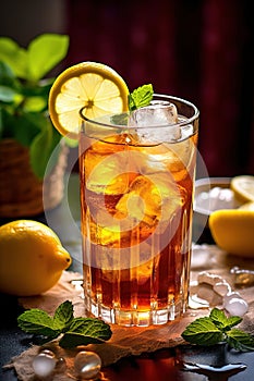 Iced tea with lemon slice and mint . Generative AI