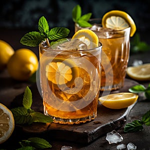 Iced tea with lemon slices and mint on rustic background. Generative AI