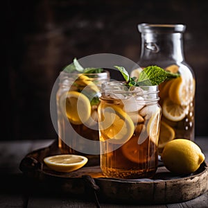 Iced tea with lemon slices and mint on rustic background. Generative AI