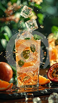 Iced tea with mint and ice cubes splashing around, great for refreshing beverage campaigns and summer drinks menus. photo