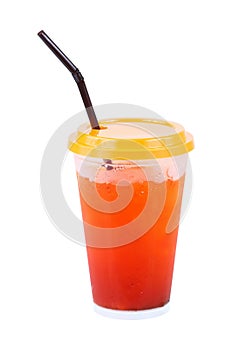 iced tea with straw in plastic glass isolated on white