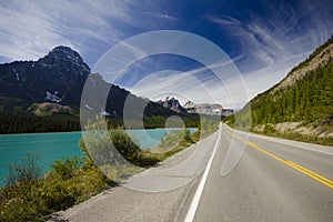 Icefields Parkway - view of mountains and road near the columbia icefield in jasper national park, Alberta, Canada