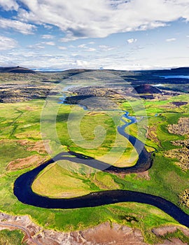 Iceland. Aerial view on the mountain, field and river. Landscape in the Iceland at the day time. Landscape from drone.