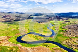 Iceland. Aerial view on the mountain, field and river. Landscape in the Iceland at the day time. Landscape from drone.