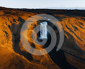 Iceland. Aerial view on the Skogafoss waterfall. Landscape in the Iceland from air. Famous place in Iceland. Landscape