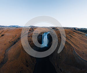 Iceland. Aerial view on the Skogafoss waterfall. Landscape in the Iceland from air. Famous place in Iceland. Landscape