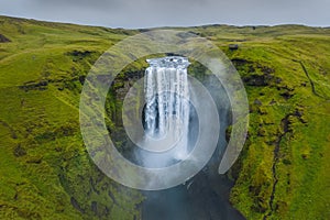 Iceland. Aerial view on the Skogafoss waterfall. Landscape in the Iceland from air. Famous place in Iceland. Landscape