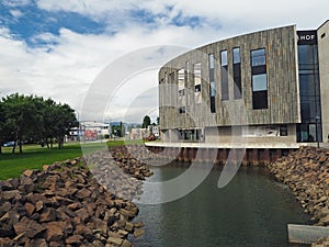 View on modern Hof Cultural and Conference Centre in downtown Ak