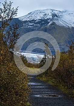 Iceland autumn tundra landscape near Haoldukvisl glacier, Iceland. Glacier tongue slides from the Vatnajokull icecap or Vatna