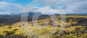 Iceland autumn tundra landscape near Haoldukvisl glacier, Iceland. Glacier tongue slides from the Vatnajokull icecap or Vatna