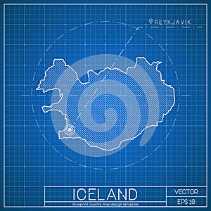 Iceland blueprint map template with capital city.