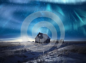 Iceland Cabin Heavenly Aurora and Milky Way Galaxy AI Generated
