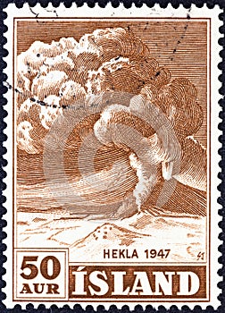 ICELAND - CIRCA 1948: A stamp printed in Iceland shows Mt. Hekla in Eruption, circa 1948.