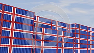 Iceland flag containers are located at the container terminal. Concept for Iceland import and export 3D