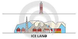 Iceland flat landmarks vector illustration. Iceland line city with famous travel sights, skyline, design.