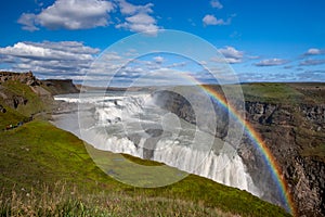 Iceland, Gullfoss waterfall. Captivating scene with rainbow of Gullfoss waterfall that is most powerful waterfall in Iceland and E