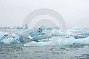 Iceland Lake with Melting Glaciers in Foggy Weather, Pure Blue Ice in Jokulsarlon lagoon.