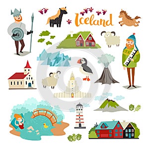 Iceland landmarks vector icons set.