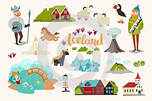 Iceland landmarks vector icons set