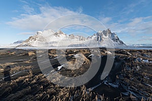 Iceland landscape scenics view at Vestrahorn famous moutains for tourist at Stokksnes peninsula,Iceland