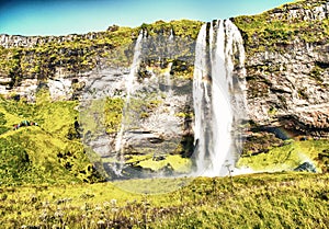Iceland landscape. Seljalandfoss Waterfalls in summer season