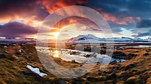 Iceland Landscape spring panorama at sunset