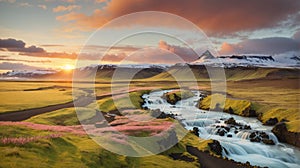 Iceland Landscape spring panorama at sunset