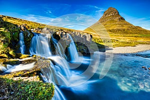 Iceland Landscape Summer Panorama, Kirkjufell Mountain during a Sunny Day with Waterfall