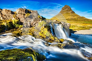 Iceland Landscape Summer Panorama, Kirkjufell Mountain during a Sunny Day with Waterfall in Beautiful Light