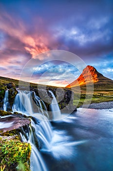 Iceland Landscape Summer Panorama, Kirkjufell Mountain at Sunset with Waterfall in Beautiful Light