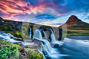 Iceland Landscape Summer Panorama, Kirkjufell Mountain at Sunset with Waterfall in Beautiful Light