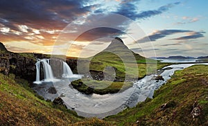 Iceland landscape with volcano and waterfall