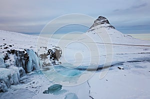 Iceland Landscape Winter Panorama, Kirkjufell Mountain Covered by Snow with Waterfall