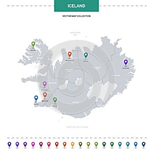 Iceland map with location pointer marks.
