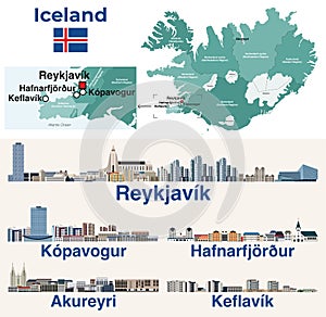 Iceland map and main cities skylines illustrations. Vector