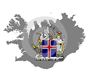 Iceland map vector silhouette and coat of arms