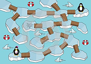 Iceland maze game for kids Num.05 Penguin rescue girlfriend labyrinth with shark.Vector puzzle illustration colorbook background