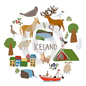 Iceland nature vectorin a circle with  symbols of landscapes, animals and architecture. . photo