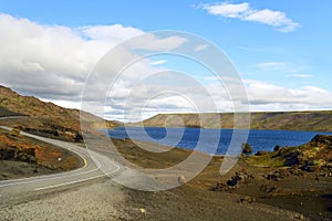 Iceland nature. View of the lake and the mountains in the background.