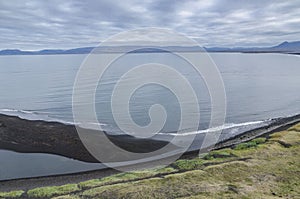 Iceland, Northwest Coast, Huna Fjord, Black Sand Beach View, overcast autumn day