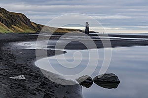 Iceland, Northwest Coast, Huna Fjord, Black Sand Beach View, overcast autumn day