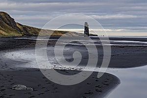 Iceland, Northwest Coast, Huna Fjord, Black Sand Beach View, overcast autumn day